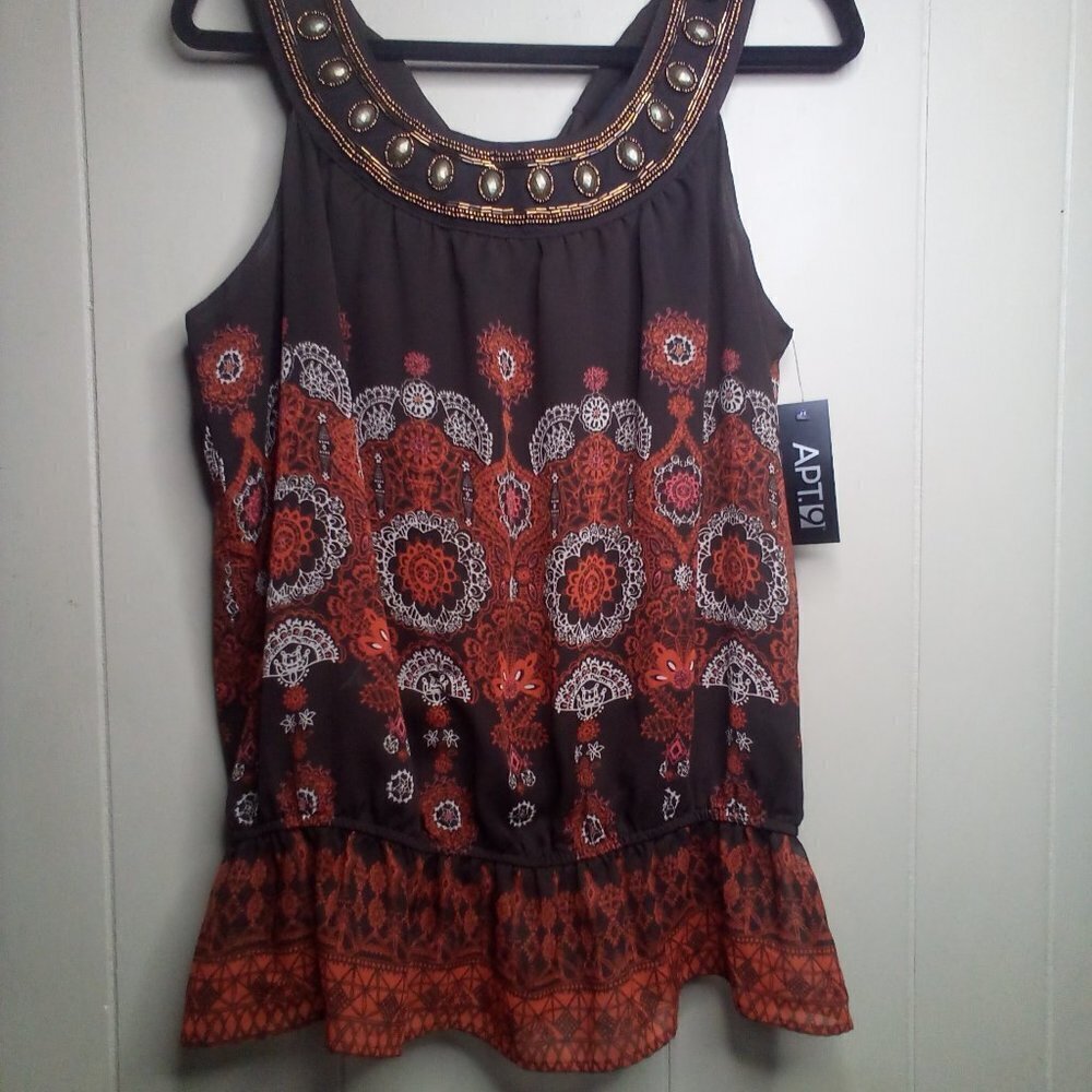 Apt. 9 Blouse L Sleeveless Beaded Ruffle Brown Orange - Picture 12 of 14